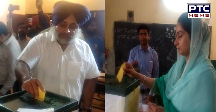 Sukhbir Badal and Harsimrat Kaur Badal cast votes in village Badal