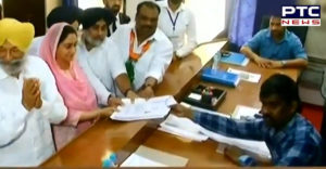 Parkash Singh Badal Harsimrat Kaur Badal covering candidate files nomination from Bathinda