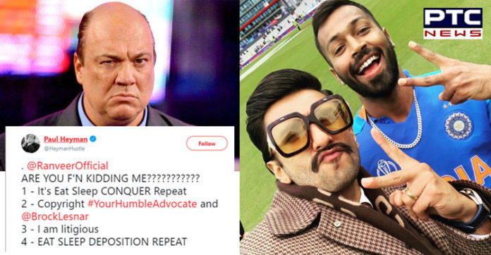 Brock Lesnar's Advocate Paul Heyman slams Ranveer Singh on a picture posted with Hardik Pandya