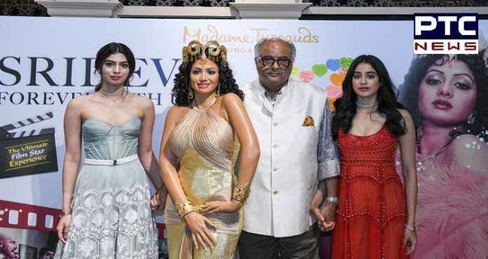 Boney kapoor along with daughters unviels Sridevi wax statue Boney kapoor ,Janhvi Kapoor ,Khushi ,Sridevi wax statue ,Madame Tussauds ,Singapore