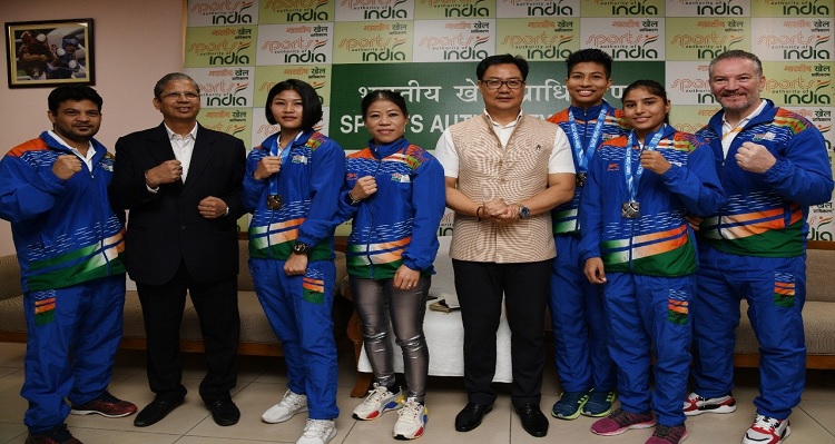 Union Sports Minister felicitates Indian women's boxing team for performances in World Boxing Championships