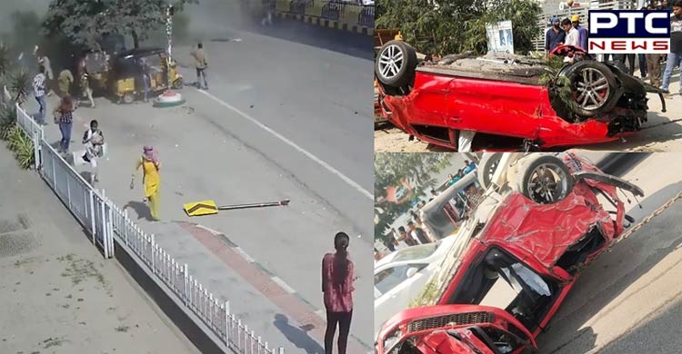 Speeding car falls off Hyderabad flyover, Pedestrian crushed to death [VIDEO]