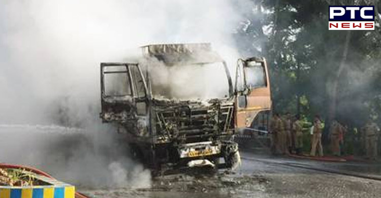 Moving truck catches fire on Amritsar-Jalandhar Highway, driver evacuated