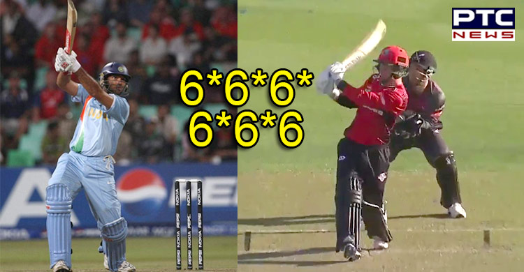 Leo Carter is seventh to hit six 6s in an over [VIDEO]