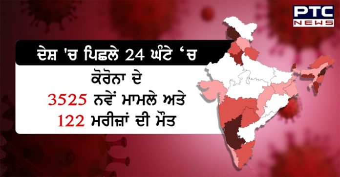 ਦੇਸ਼ 'ਚ ਪਿਛਲੇ 24 ਘੰਟੇ 'ਚ ਕੋਰੋਨਾ ਦੇ 3525 ਨਵੇਂ ਮਾਮਲੇ ਅਤੇ 122 ਮਰੀਜ਼ਾਂ ਦੀ ਮੌਤ India reports 3,525 coronavirus cases and 122 deaths in last 24 hours