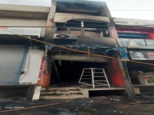 A fire broke out in a 3-storey shoe showroom in Bhavanigarh