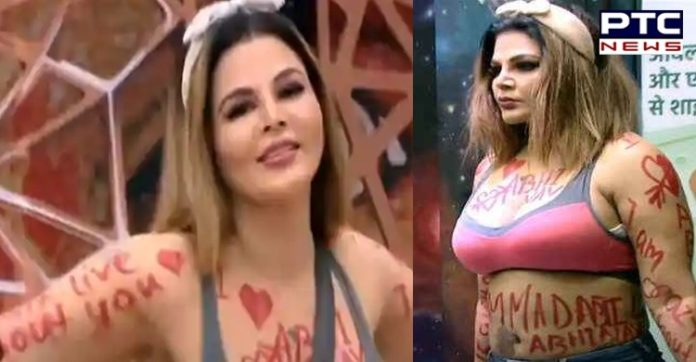 Bigg Boss 14: Rakhi Sawant writes 'I Love Abhinav' all over her body Bigg Boss 14: Rakhi Sawant writes 'I Love Abhinav' all over her body
