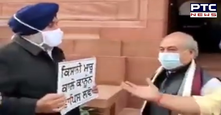 Take back farm laws: Sukhbir Singh Badal to Narendra Singh Tomar outside Parliament