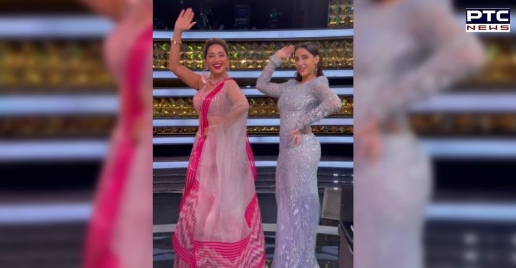 Madhuri Dixit and Nora Fatehi set stage on fire by recreating Mera Piya Ghar Aaya