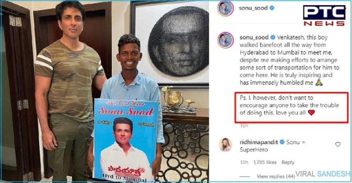 Sonu Sood praises fan who walked from Hyderabad to Mumbai just to meet him Sonu Sood praises fan who walked from Hyderabad to Mumbai just to meet him
