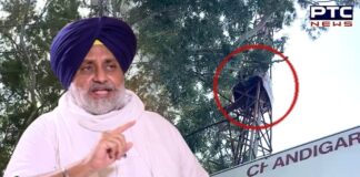 Sukhbir Singh Badal talks with teacher who climbed atop mobile tower in Chandigarh