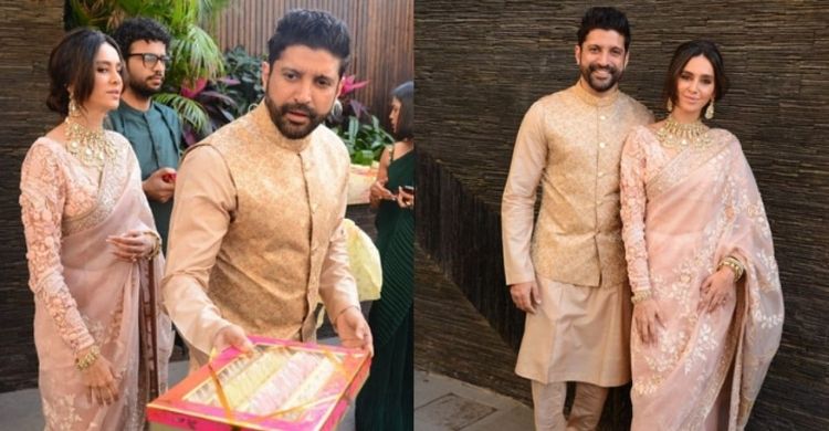 Farhan Akhtar, Shibani Dandekar make first appearance post marriage, distribute sweets