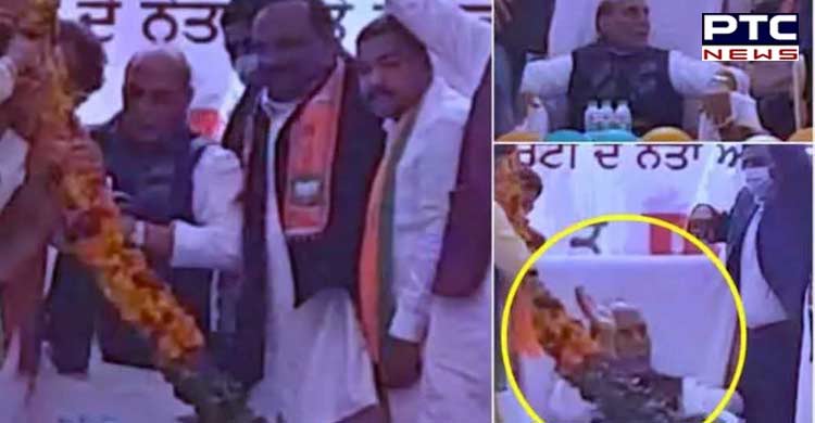 Rajnath Singh falls on stage as BJP workers scamper to garland him, video goes viral