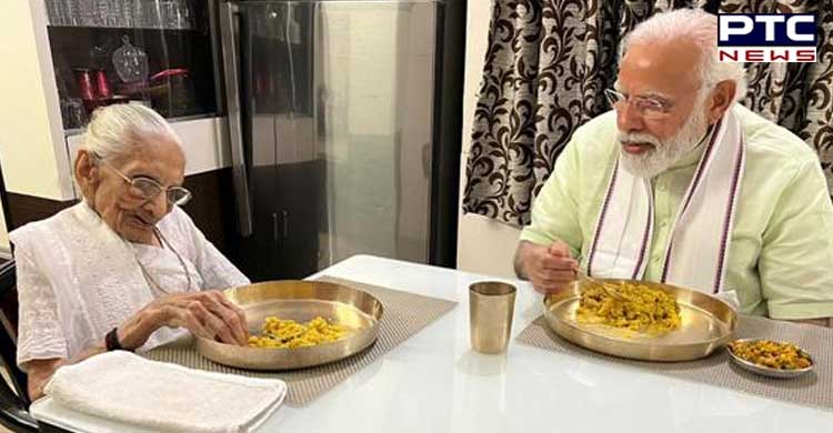 PM Narendra Modi meets his mother Heeraben at her Gandhinagar residence