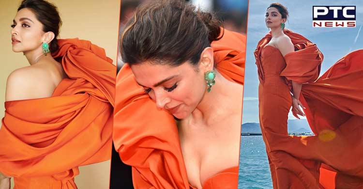 Deepika Padukone Orange Zari Crepe Gown -
