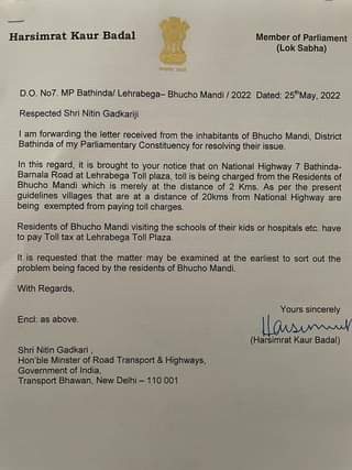 Harsimrat Badal writes letter 