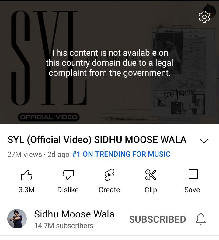 ਵੱਡੀ ਖ਼ਬਰ- ਭਾਰਤ 'ਚ ਸਿੱਧੂ ਮੂਸੇਵਾਲਾ ਦੇ ਗੀਤ 'SYL' ਨੂੰ Youtube ਤੋਂ ਹਟਾਇਆ