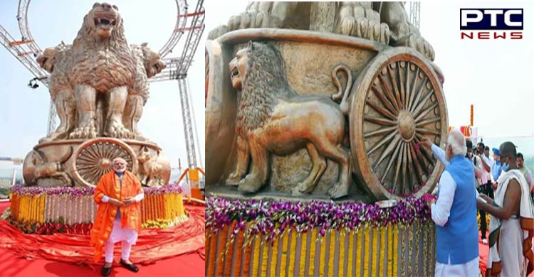 PM Modi unveils 6.5m long, bronze national emblem on new Parliament building