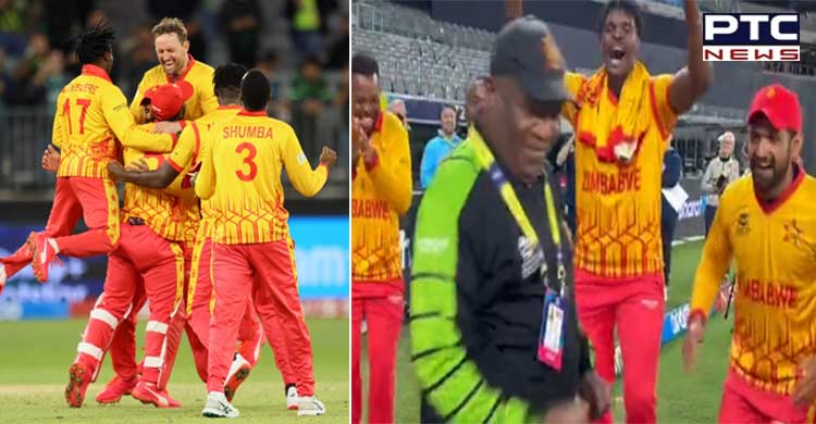 T20 WC Super 12 match: Zimbabwe players celebrate after defeating Pak with one run